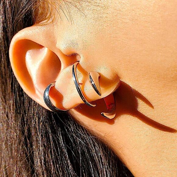 Silver Spiked Horn Earrings Ear Jacket Front Back Spike Minimalist Punk Gothic - Picture 4 of 8